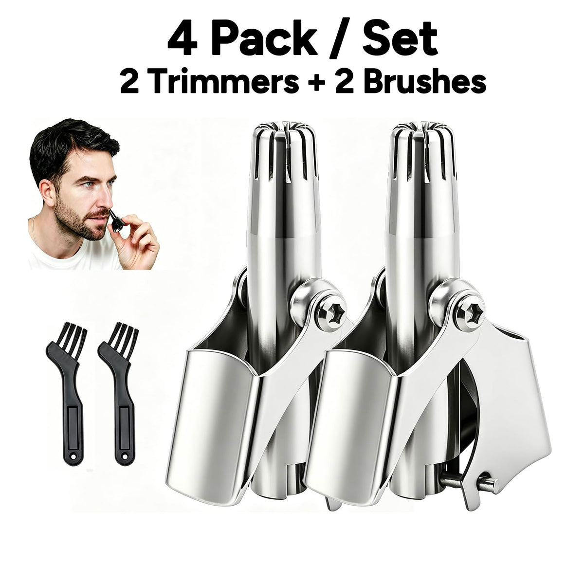4Pack Manual Nose Hair Trimmer, Stainless Steel  with Cleaning Brush
