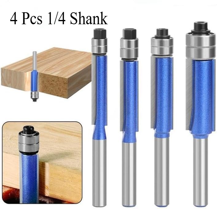 4 Pcs Dual Bearing Flush Trim Router Bit Set, 1/4 Inch Shank