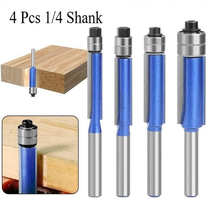 4 Pcs Dual Bearing Flush Trim Router Bit Set, 1/4 Inch Shank