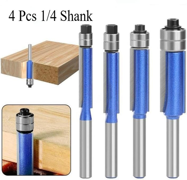 4 Pcs Dual Bearing Flush Trim Router Bit Set, 1/4 Inch Shank
