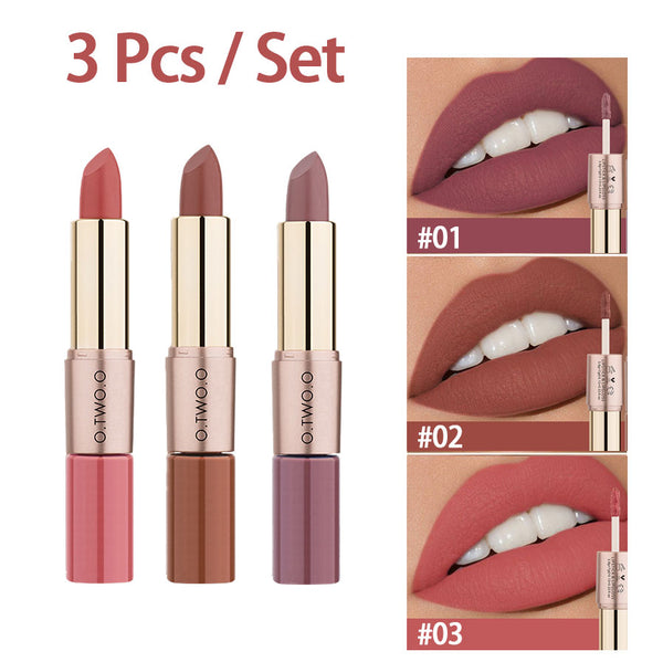 3 Pcs Double Ended Lip Gloss Lipsticks Set Makeup- Matte Long Lasting Waterproof