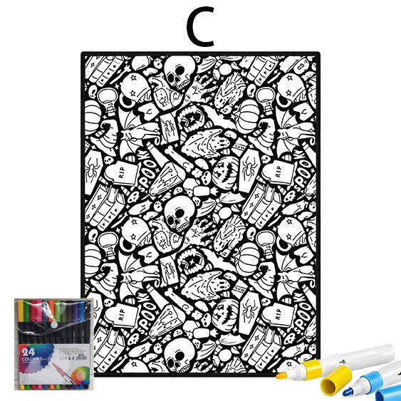 Halloween DIY Coloring Mat 70x100 - Includes 24 Washable Markers