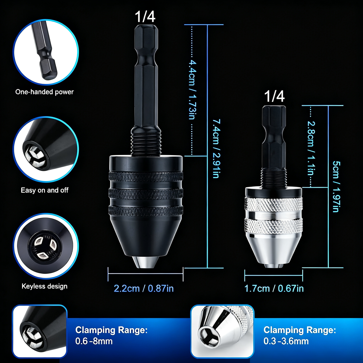 2Pcs Drill Chuck Adapter Keyless 0.6-8mm & 0.3-3.6mm