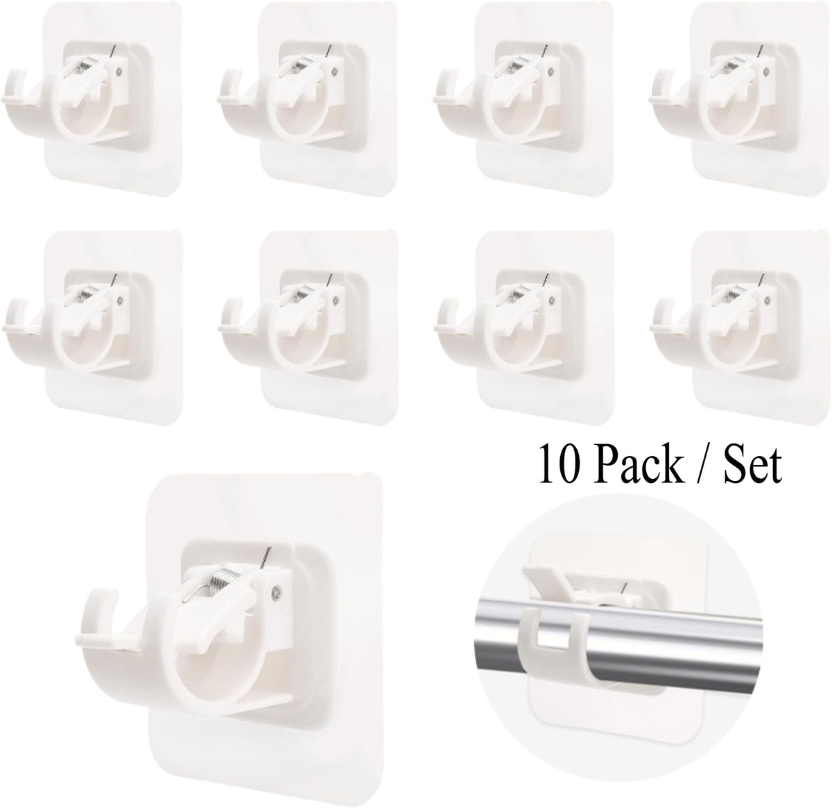 10-Pack No-Drill Self-Adhesive Multifunctional Acrylic Gel Curtain Rod Holder Hooks
