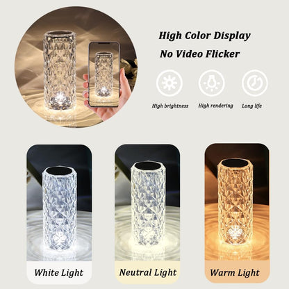 Portable Crystal Table Lamp,3 Color Touch Control Rechargeable Lamp