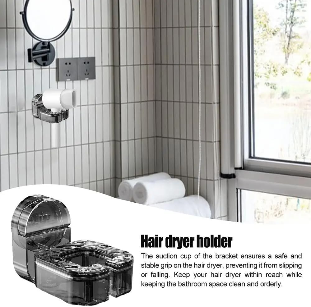 Hair Dryer Holder - Wall Mounted, Powerful Suction Cup, Rotating