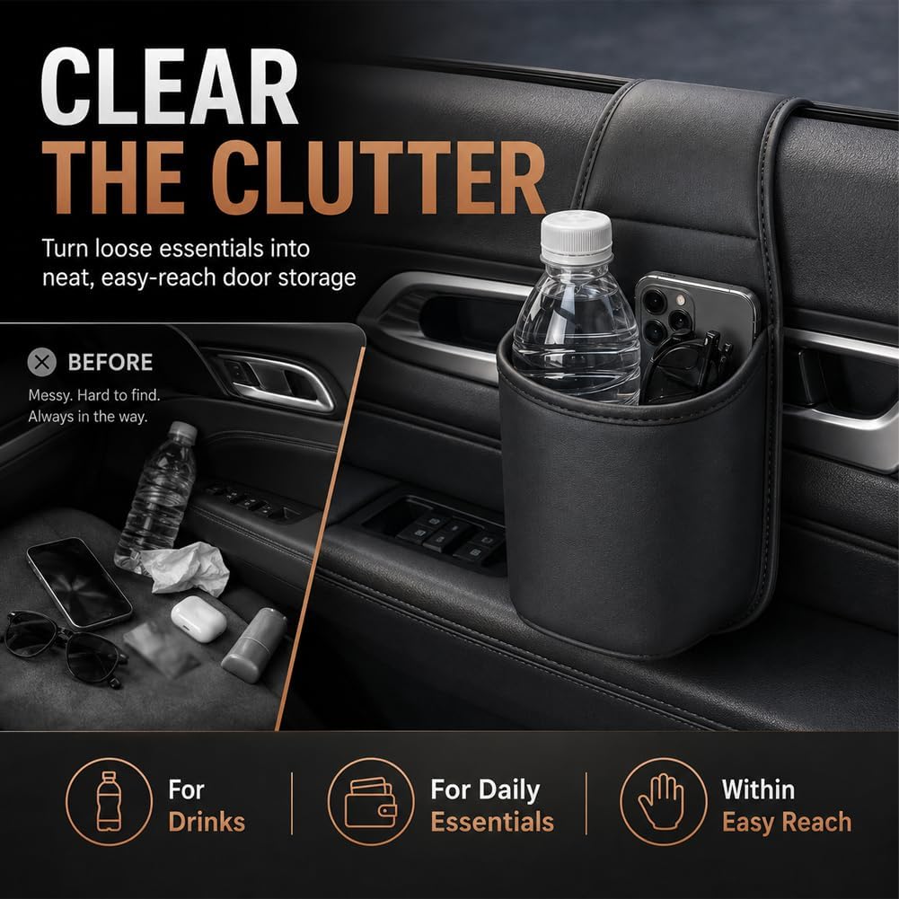 Car Door Storage Pocket Leather Seat Side Organizer Cup Holder
