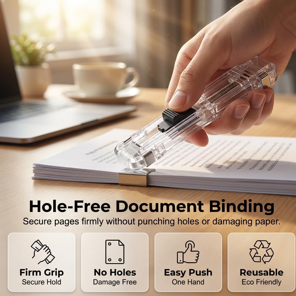 Portable Binder Clip Stapler with 100 Reusable Clips