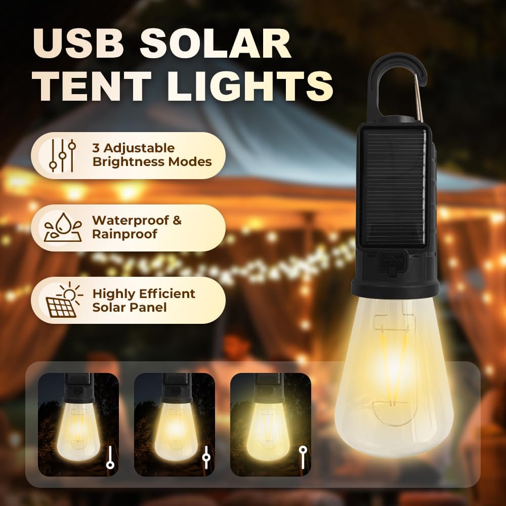 2 Pcs Solar Rechargeable Camping Lights – LED Hanging Tent Lights with Hook Clip for Hiking, Fishing & Outdoor Use