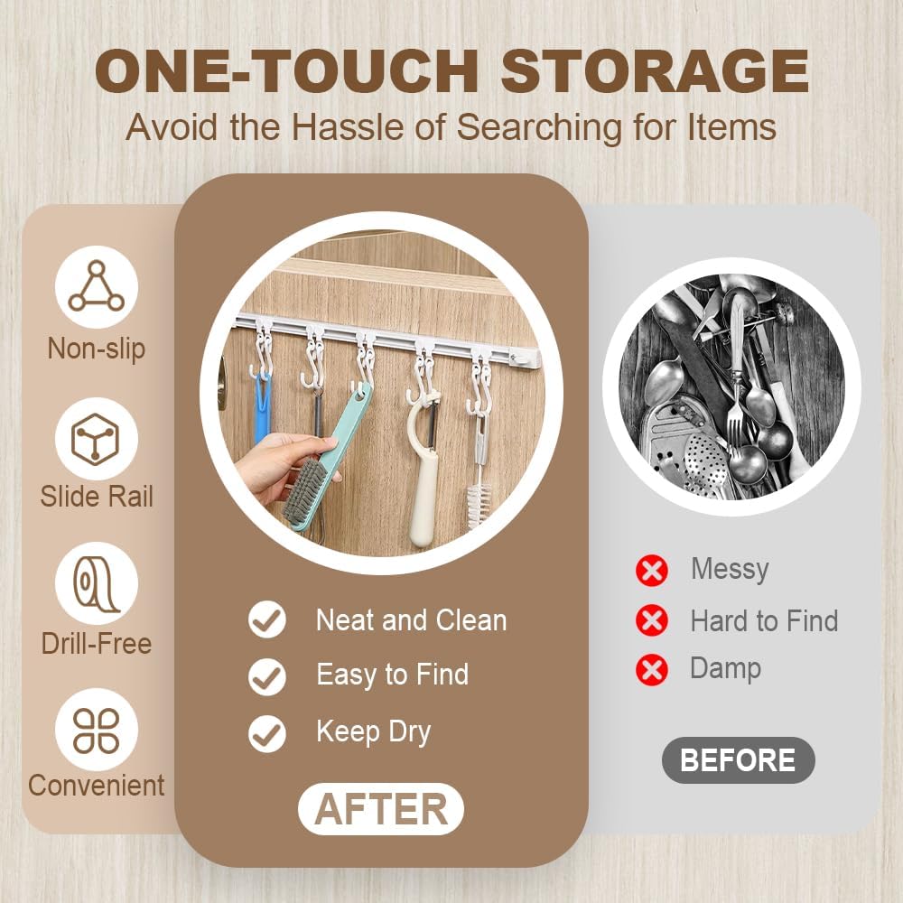 Multifunctional Slide Rail Hook with 10 Hooks for Bathroom Kitchen Bedroom