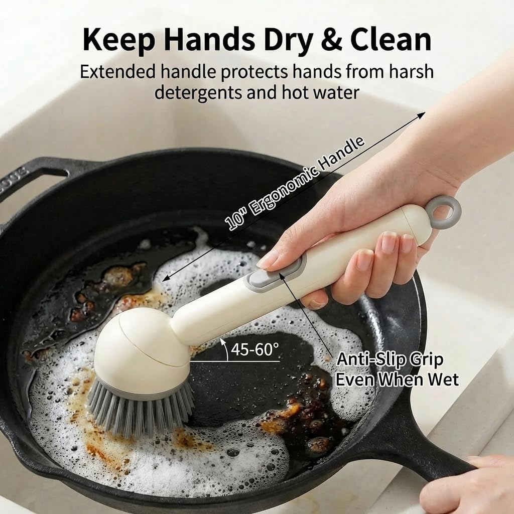 6-in-1 Dish Brush with Soap Dispenser – Adjustable Rotating Scrub Brush for Pots, Pans & Kitchen Cleaning