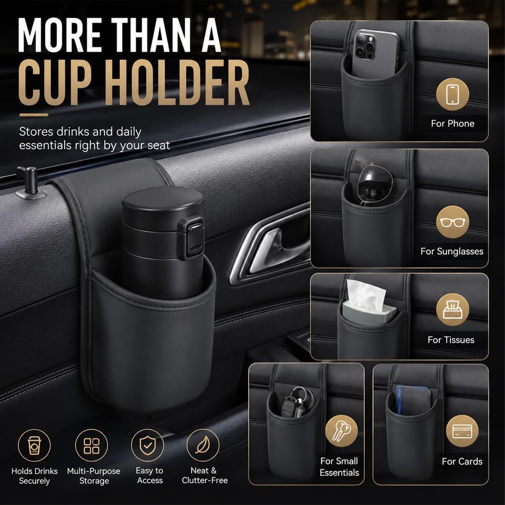 Car Door Storage Pocket Leather Seat Side Organizer Cup Holder
