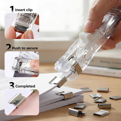 Portable Binder Clip Stapler with 100 Reusable Clips