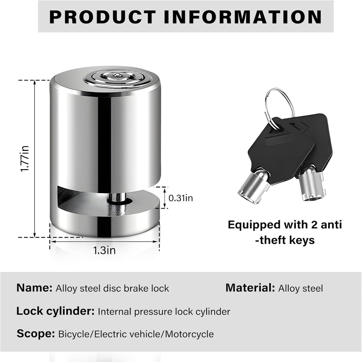 Motorcycle Disc Brake Lock, Anti-Theft Wheel Disc Padlock with Two Keys