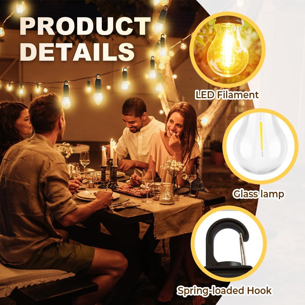 2 Pcs Solar Rechargeable Camping Lights – LED Hanging Tent Lights with Hook Clip for Hiking, Fishing & Outdoor Use