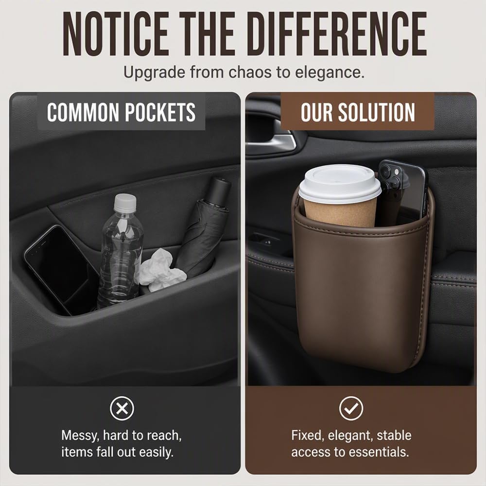 Clip-On Car Cup Holder, PU Leather, No-Drill Waterproof Scratch-Resistant