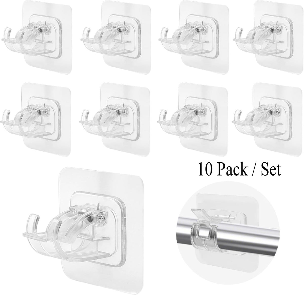 10-Pack No-Drill Self-Adhesive Multifunctional Acrylic Gel Curtain Rod Holder Hooks