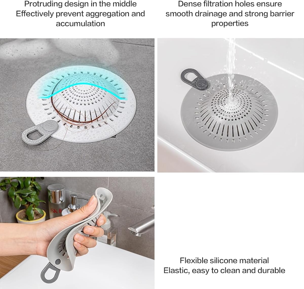 2 Pcs Silicone Drain Strainer, Pull-Tab Hair Catcher for Bathroom & Kitchen