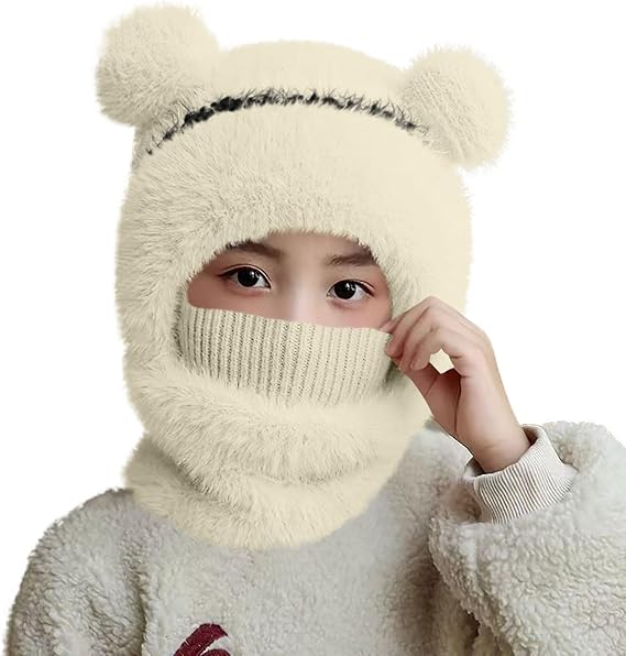 Kids Winter Bear Balaclava Hat, with Face Mask Thick Warm Hooded Cold Weather Hat