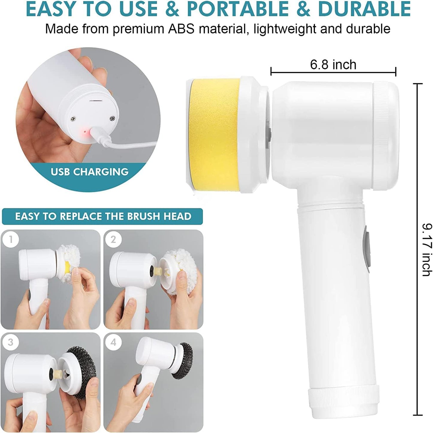 Electric Spin Scrubber with 5 Replaceable Brush Heads for Cleaning Kitchen Dish Sink Tub Floor Wall Tile Window