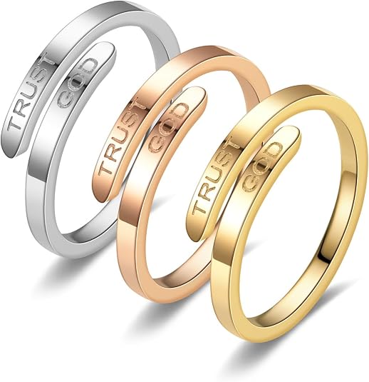 3 Pack "Trust God" Cross Ring– Adjustable Stainless Steel Religious Faith Ring
