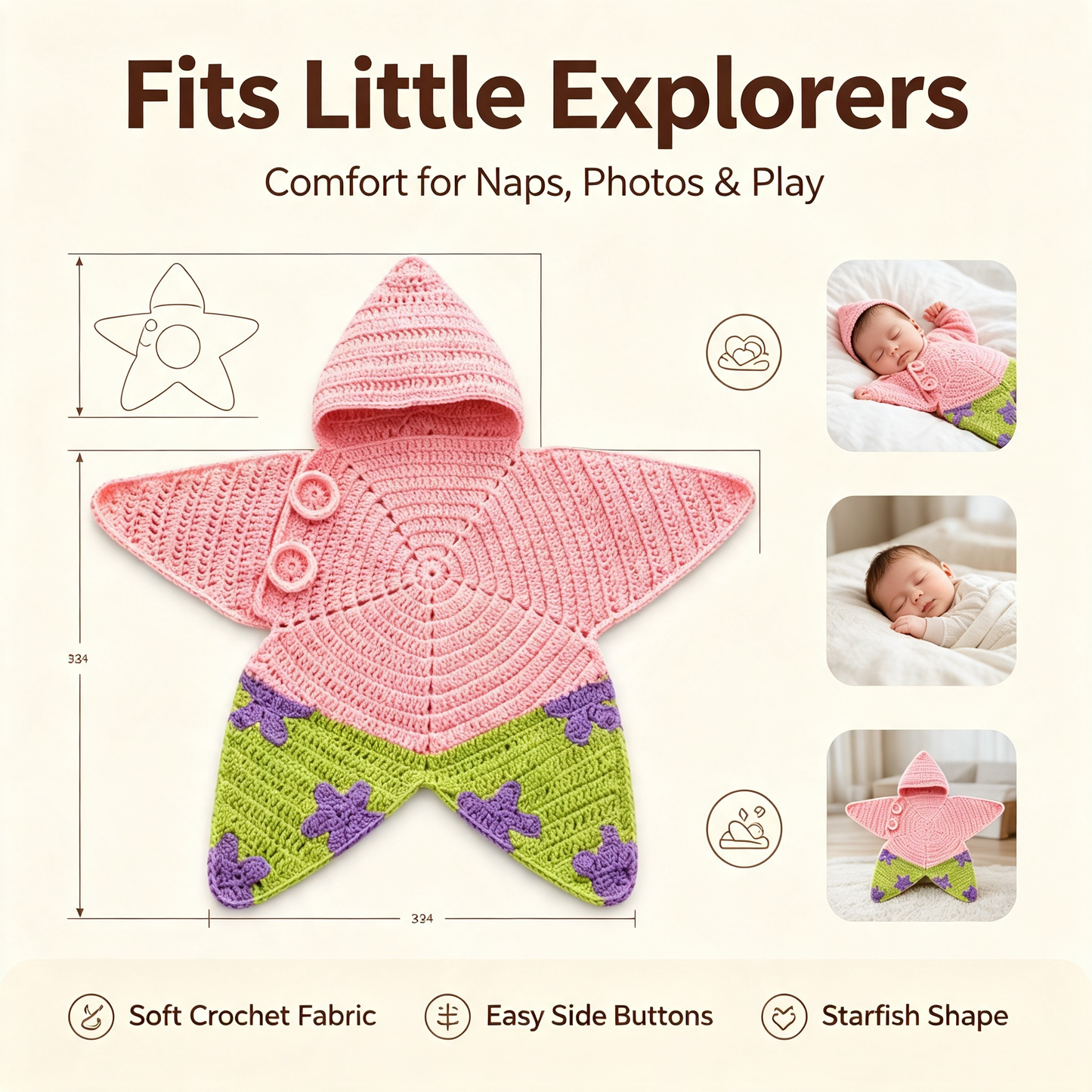 Crochet Star-Shaped Baby Swaddle | Hooded Design