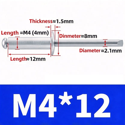 100Pcs  Aluminum Open End Blind Rivets，Aluminum Grip and Steel Mandrel Set