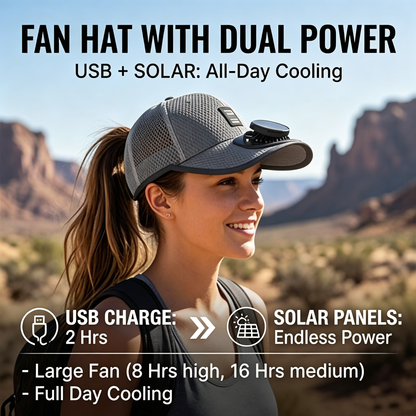 Solar Rechargeable Fan Cap – 3-Speed Hands-Free Cooling Hat with USB Charging for Outdoor Use