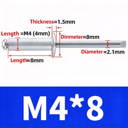 100Pcs  Aluminum Open End Blind Rivets，Aluminum Grip and Steel Mandrel Set
