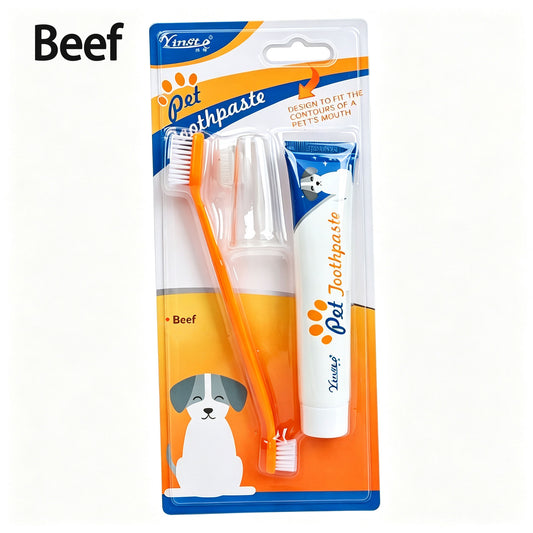 Beef-Flavored Pets Toothpaste Set - Double-Headed And Finger Toothbrush