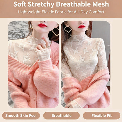 Sheer mock-neck lace base layer top