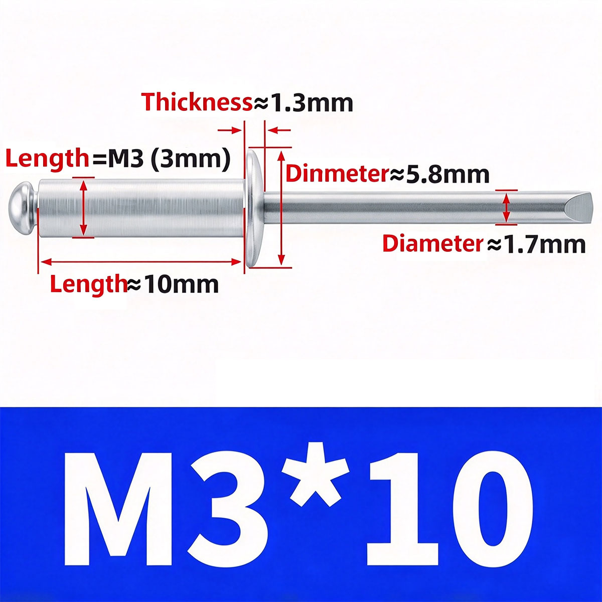 100Pcs  Aluminum Open End Blind Rivets，Aluminum Grip and Steel Mandrel Set