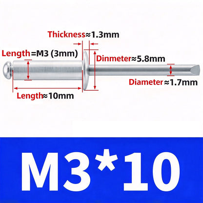 100Pcs  Aluminum Open End Blind Rivets，Aluminum Grip and Steel Mandrel Set
