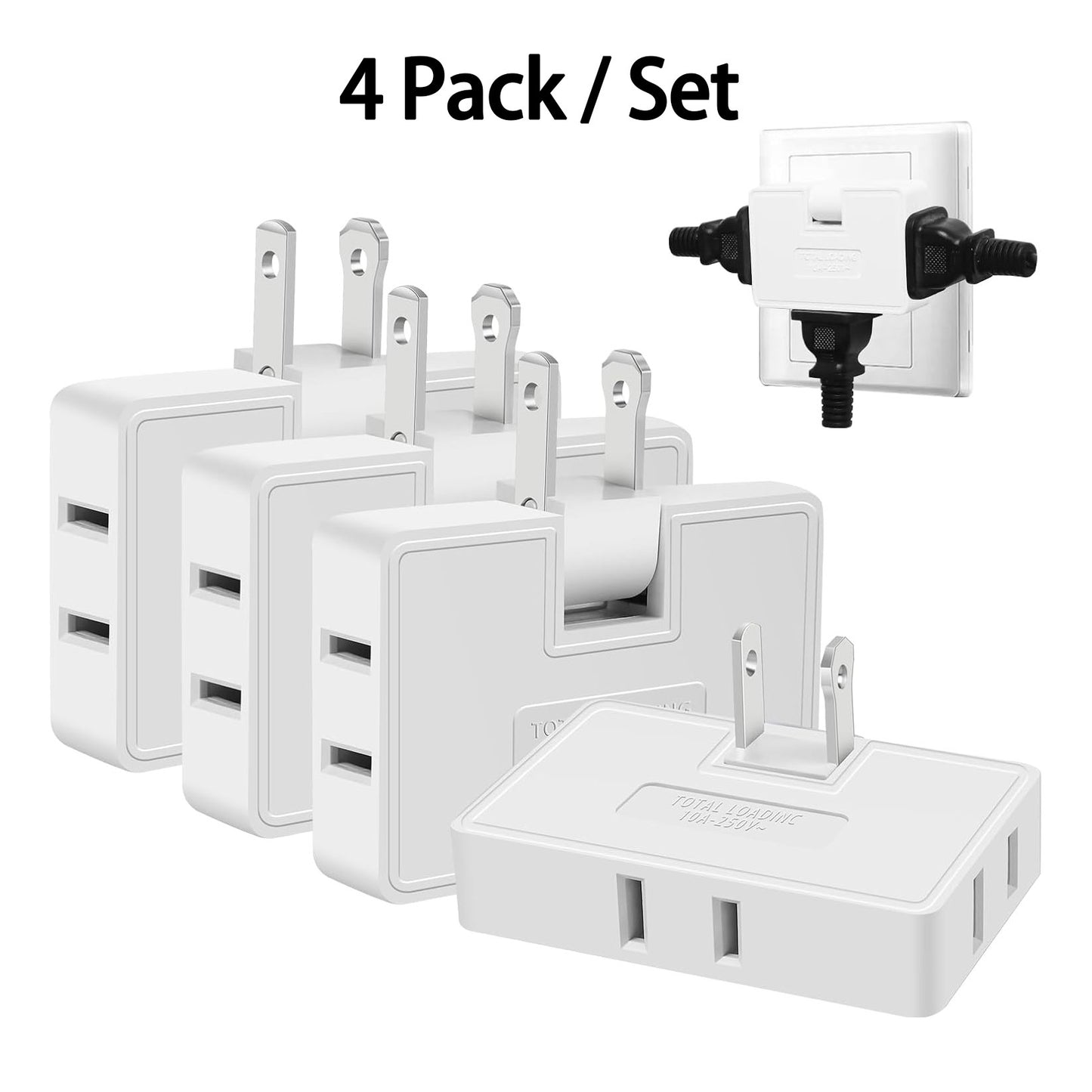 4Pcs Wall Socket Extension Adapter - 180-Degree Rotatable Flat Plug AC Adapter