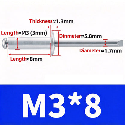 100Pcs  Aluminum Open End Blind Rivets，Aluminum Grip and Steel Mandrel Set