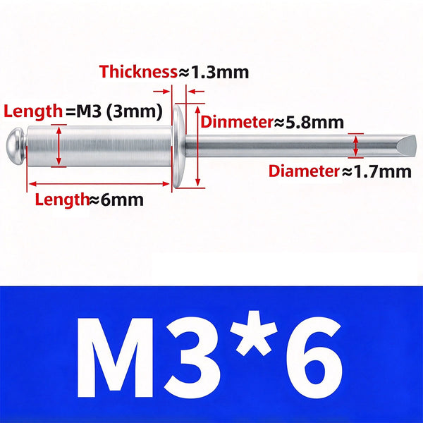 100Pcs  Aluminum Open End Blind Rivets，Aluminum Grip and Steel Mandrel Set