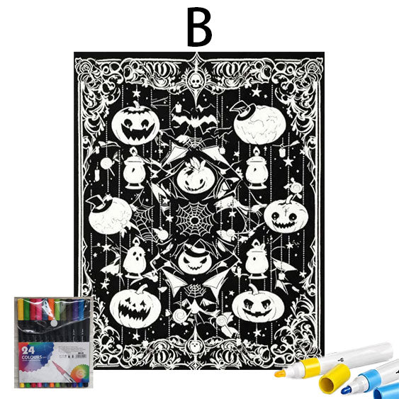 Halloween DIY Coloring Mat 70x100 - Includes 24 Washable Markers