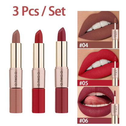 3 Pcs Double Ended Lip Gloss Lipsticks Set Makeup- Matte Long Lasting Waterproof