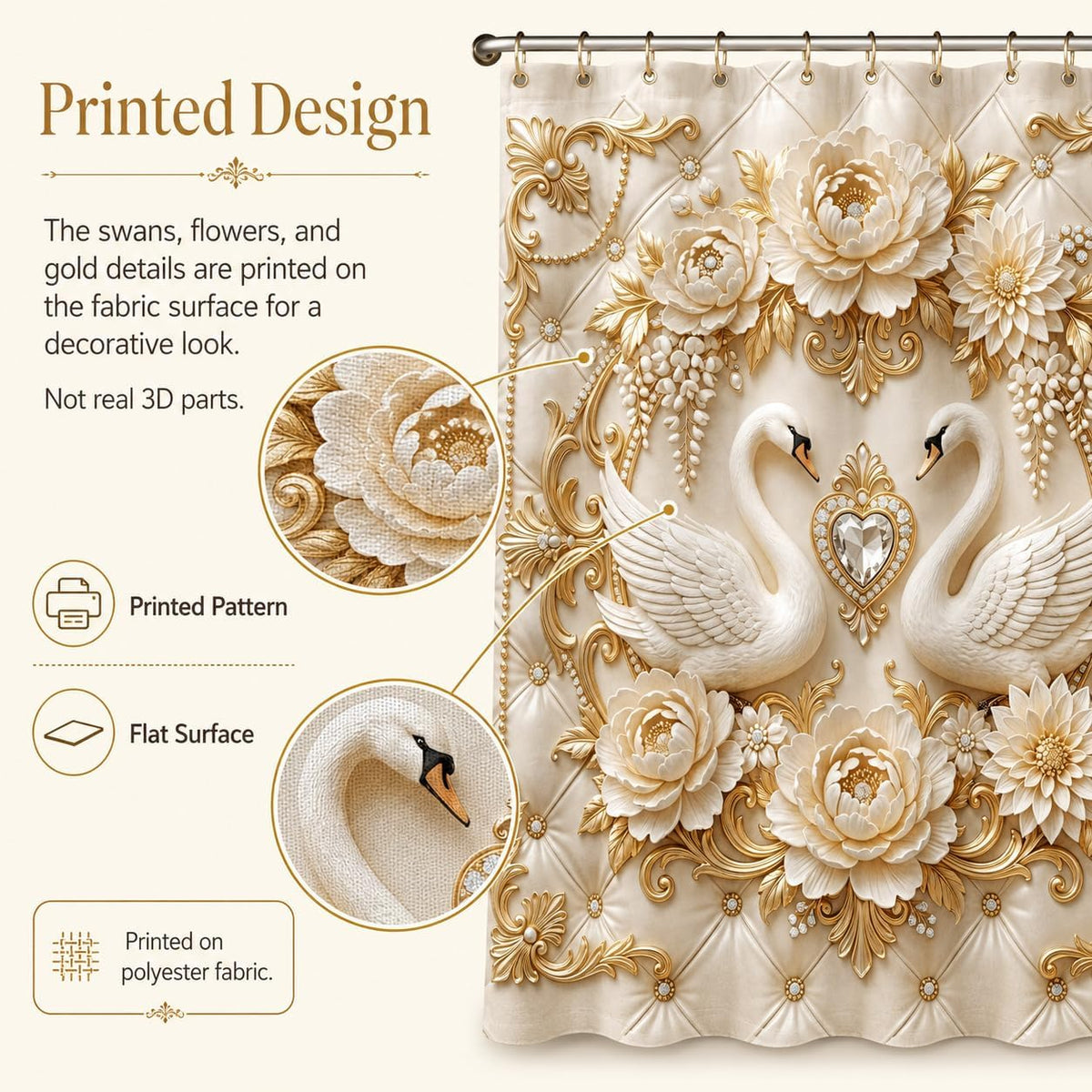 3D Gold Swan Shower Curtain with 12 Hooks
