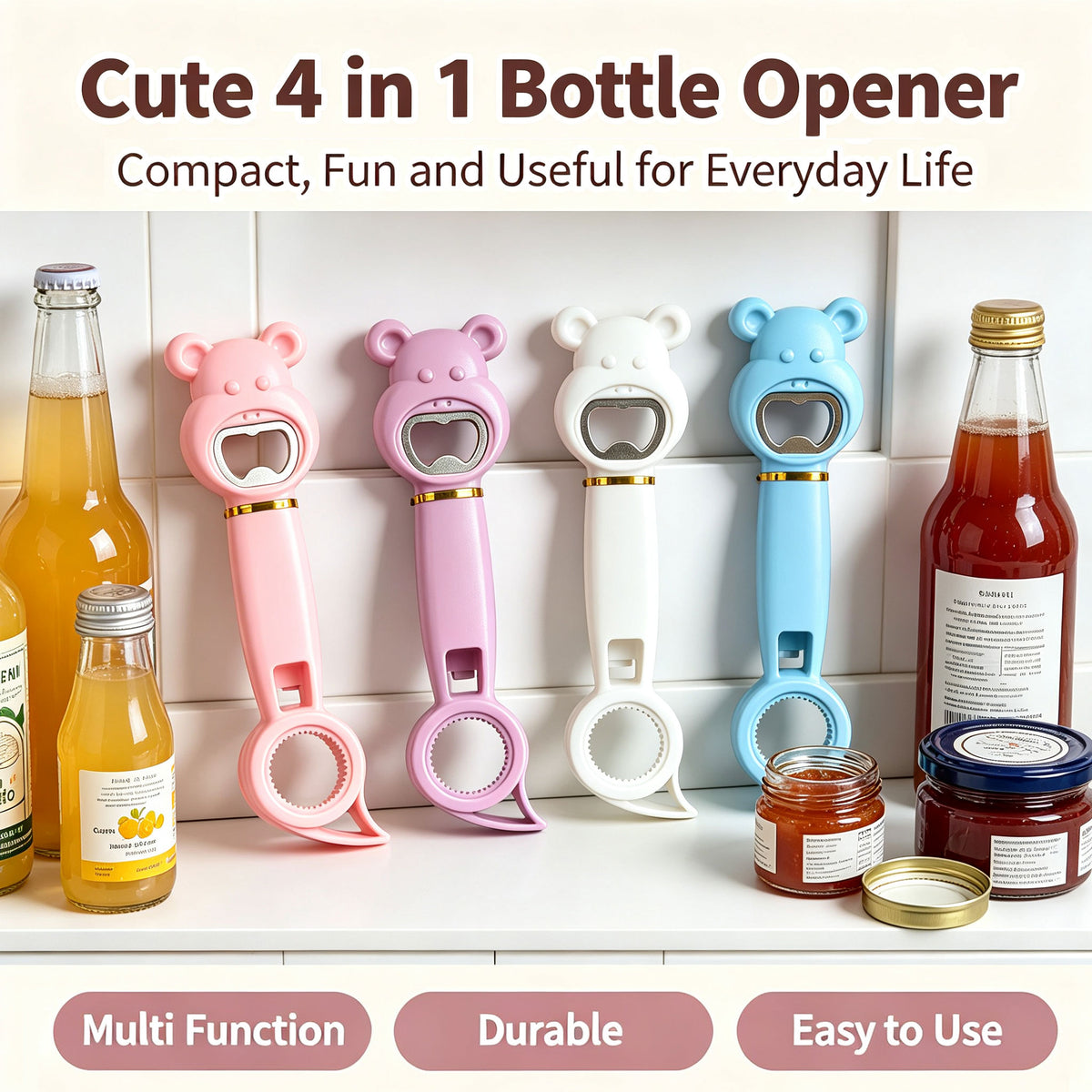 2-Pack Bear-Shaped Bottle Openers - Multi-functional Bottle Cap Openers