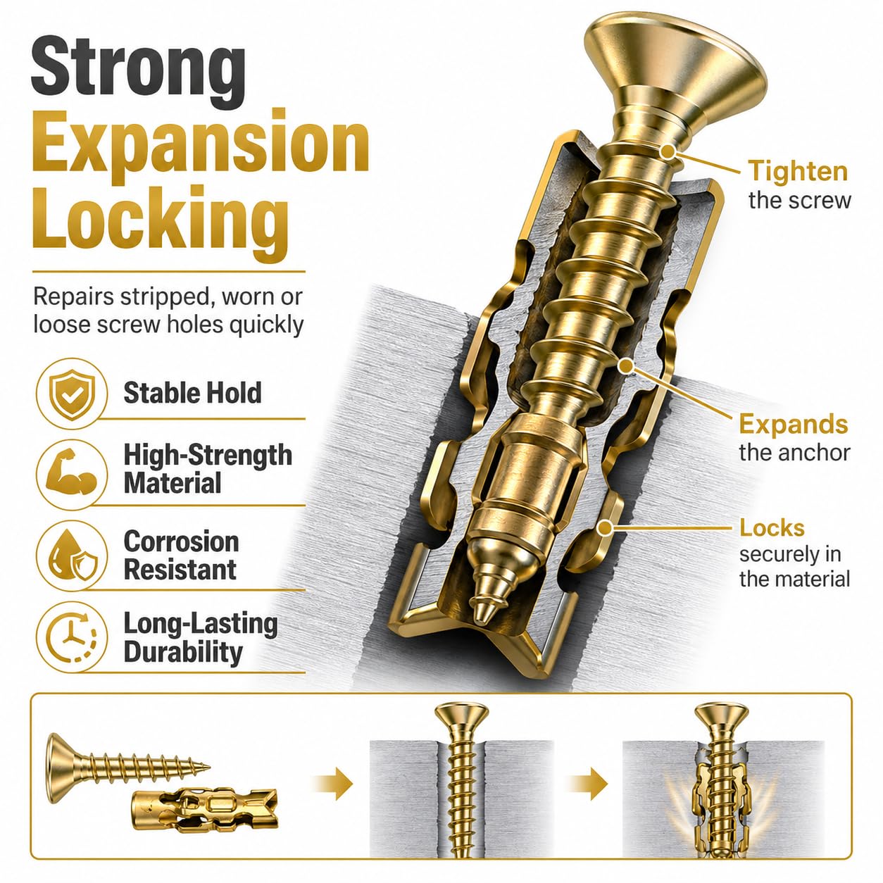 100pcs Expansion Screw Set for Cabinet Hinge Repair, Stripped Thread Restoration & Door Fastening, for Wood/Tile/Stone