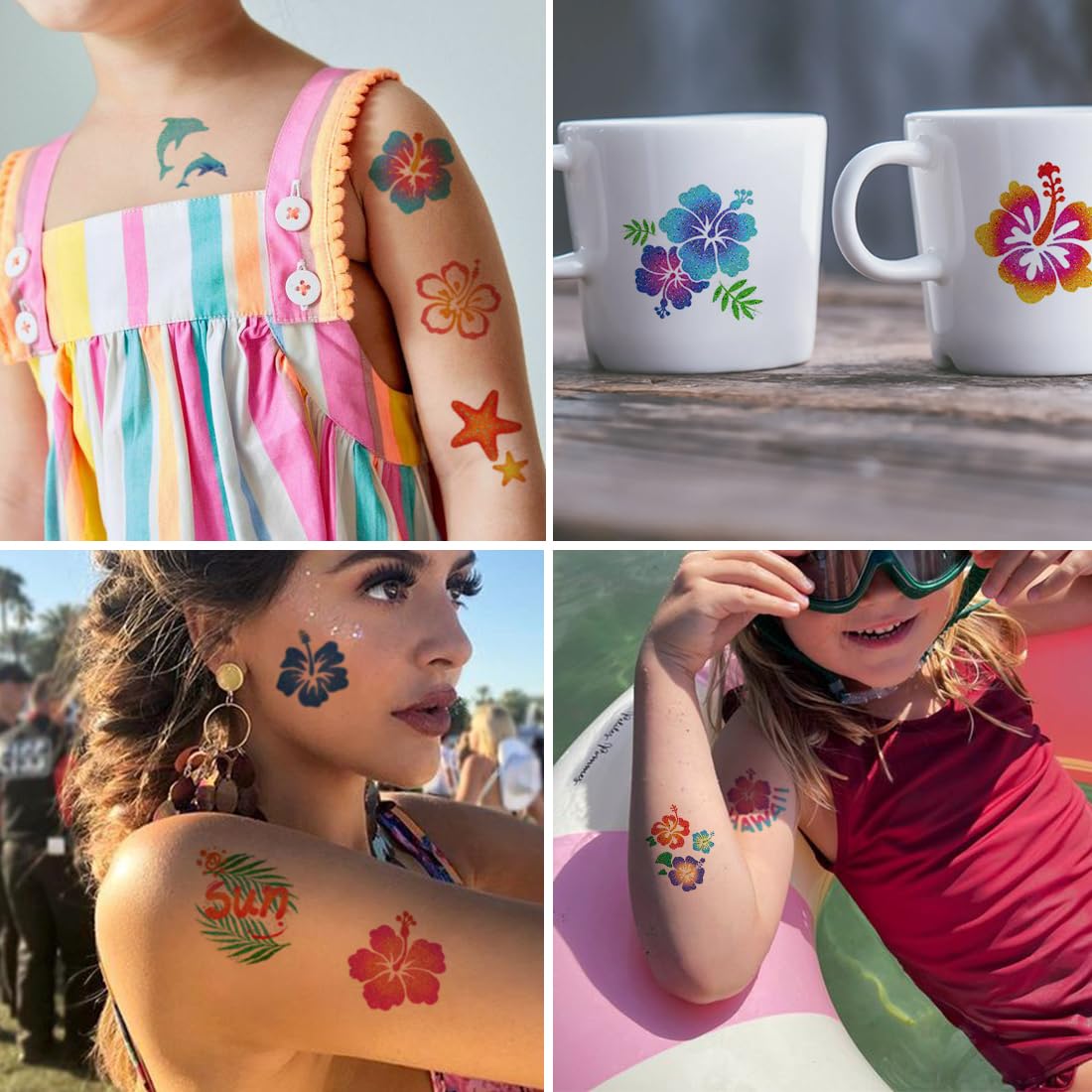 60PCS Glitter Hibiscus Temporary Tattoos – Summer Hawaiian Flower Tattoos for Women, Luau Party & Beach Favors