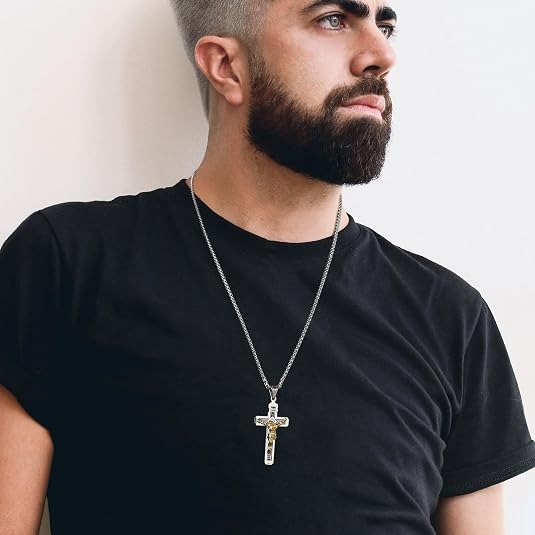 Catholic Jesus Cross Pendant Necklace With Herringbone Chain