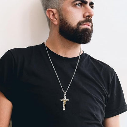 Catholic Jesus Cross Pendant Necklace With Herringbone Chain