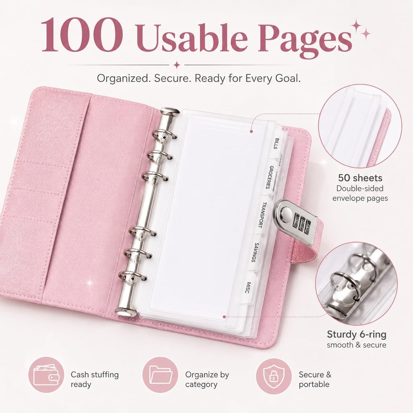 Sparkle Cash Savings Binder with 3 Digit Combination Lock