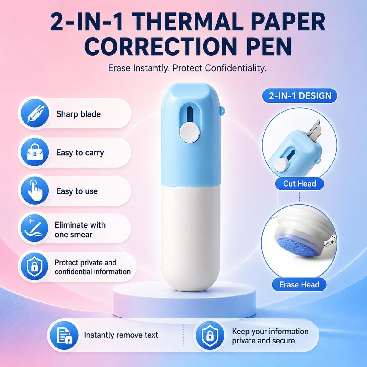 2-in-1 Thermal Paper Eraser Pen with Box Cutter