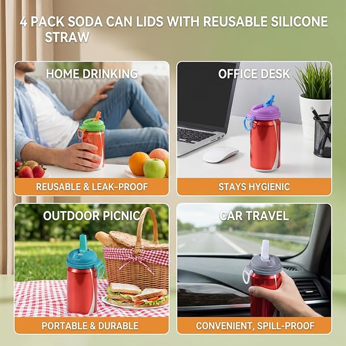 Soda Can Lids 4-Pack - BPA-Free Reusable Leakproof Lids Set
