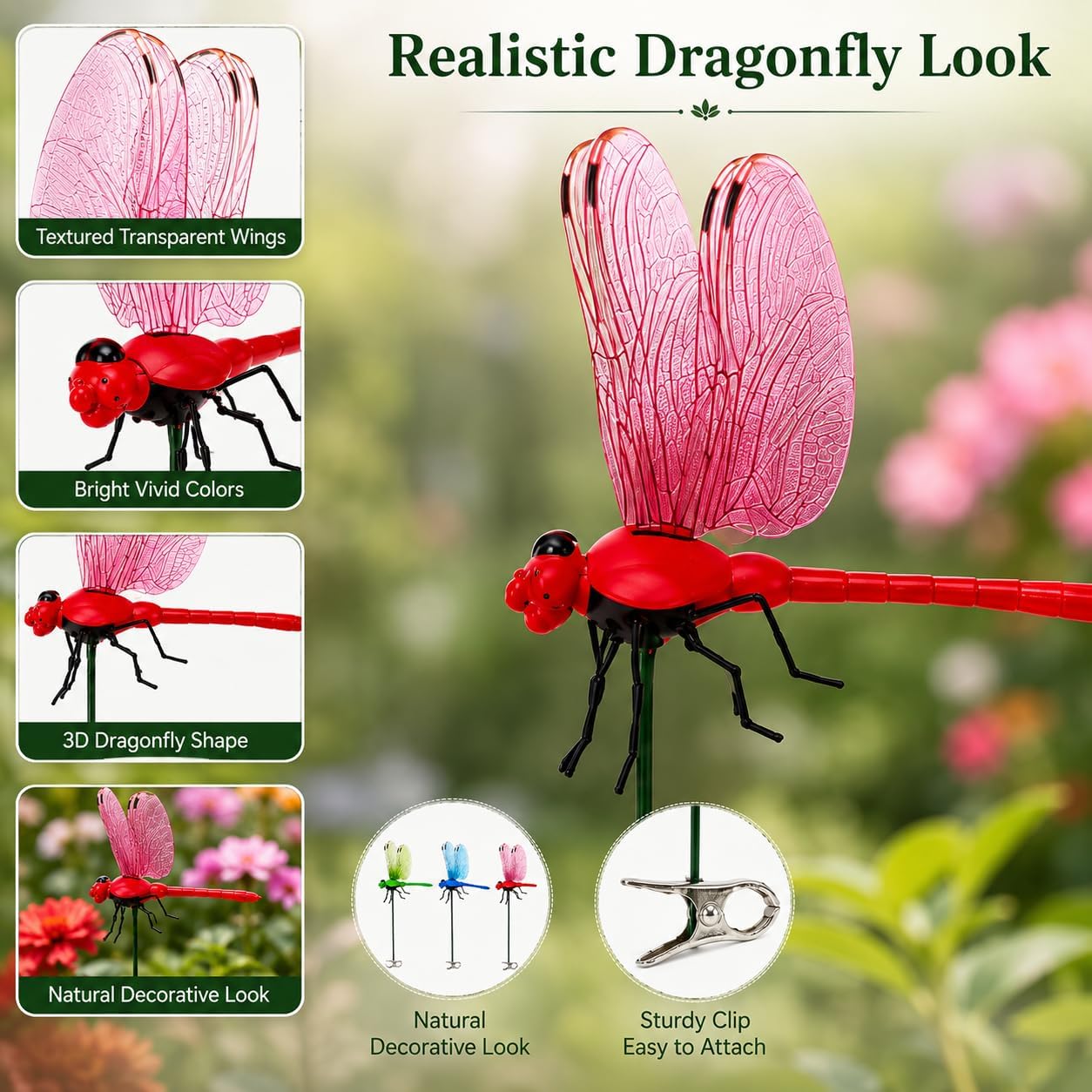 4 Pcs Realistic & Fake Dragonfly Clips for Pets, Hats, Camping & Outdoor Gardens