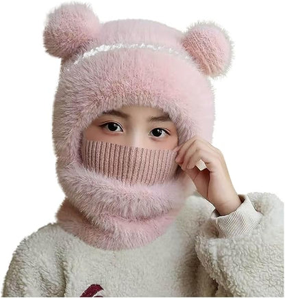 Kids Winter Bear Balaclava Hat, with Face Mask Thick Warm Hooded Cold Weather Hat