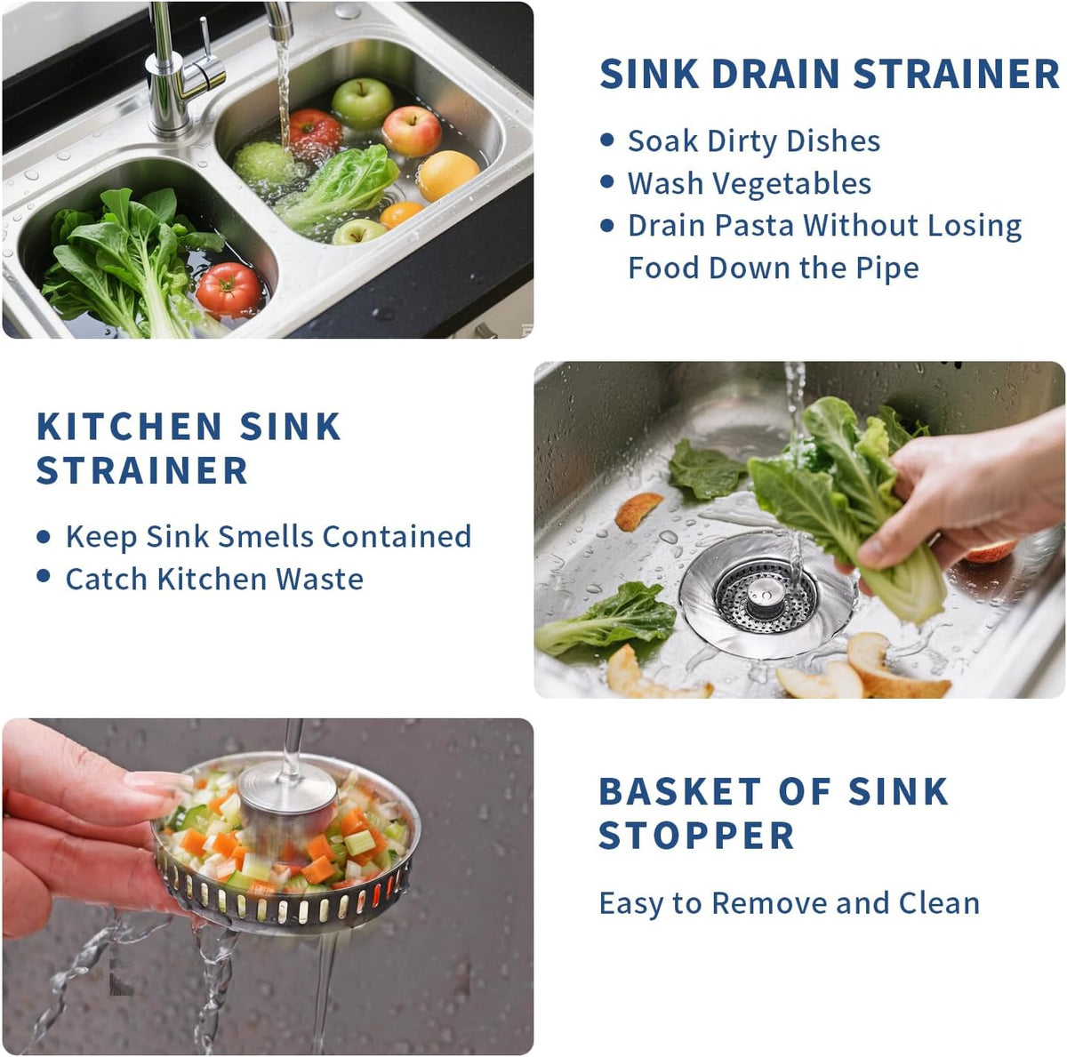 Upgraded 3 in 1 Kitchen Sink Drain Strainer, Stainless Steel, Larger Anti-Clogging Basket